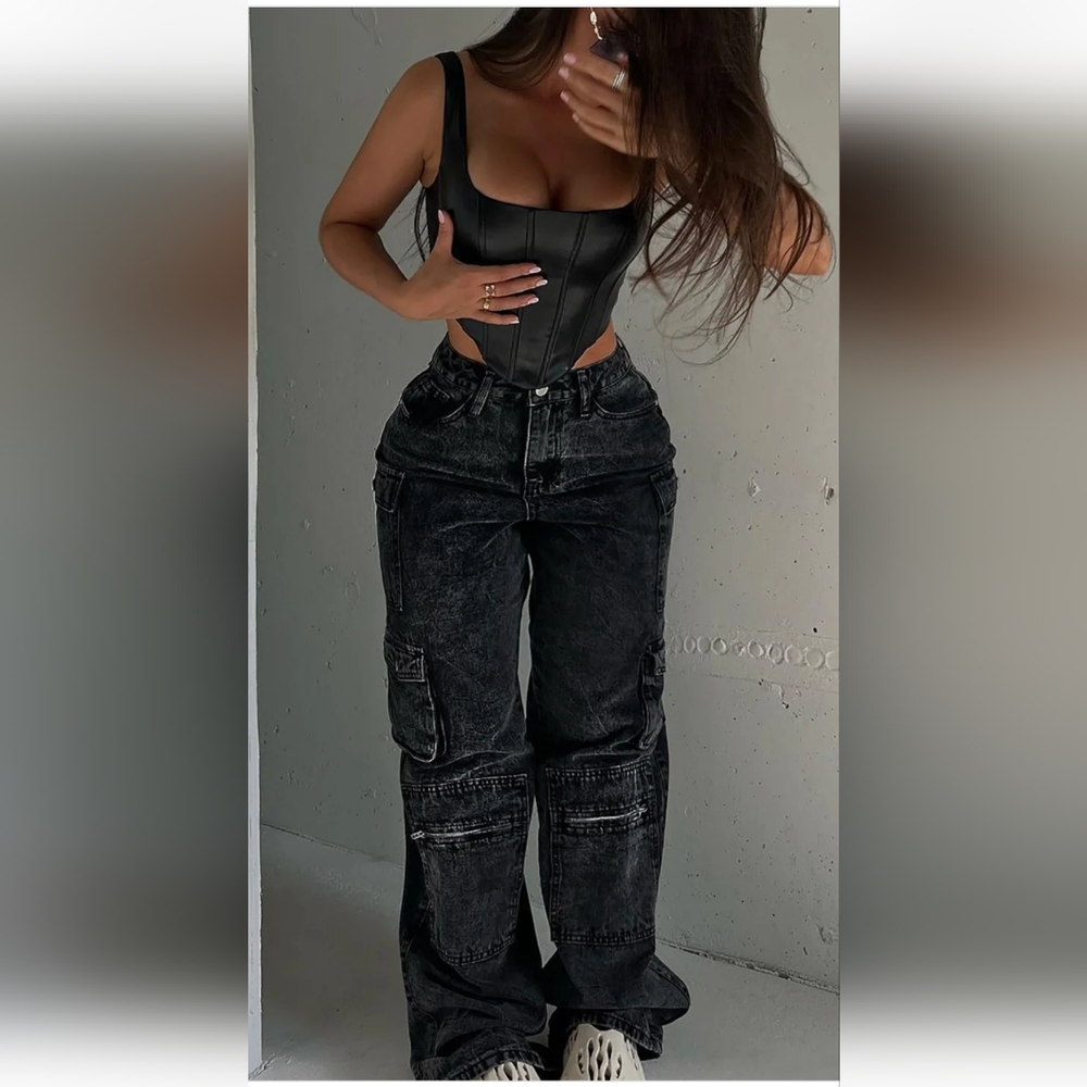 Fashion Nova Mad For You Cargo Jeans-Acid Wash Black
